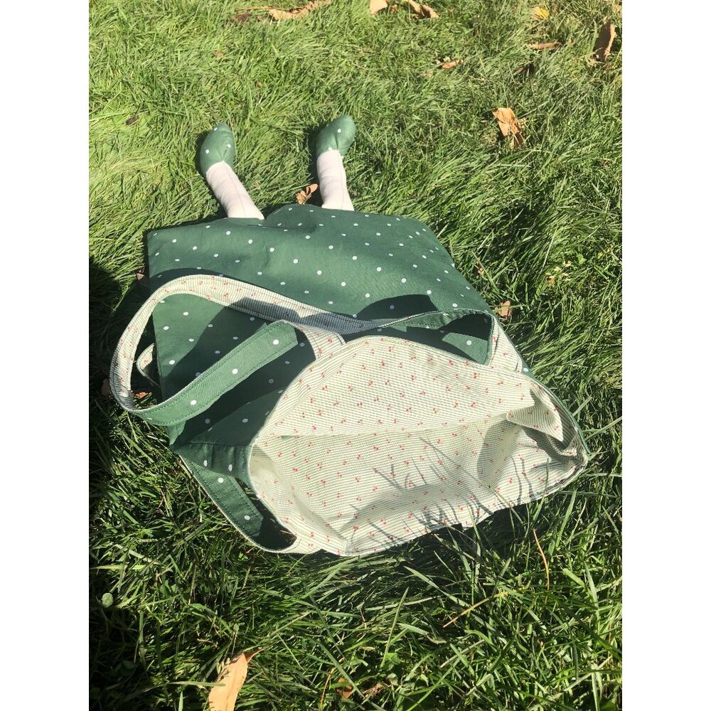 Green Polka dots tote bag with legs, double layers with pocket
